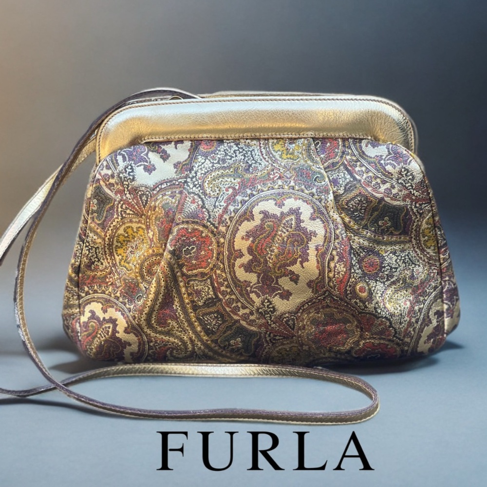 Vintage Furla Gold Paisley Print Leather Crossbody/Clutch Bag – Made in Italy